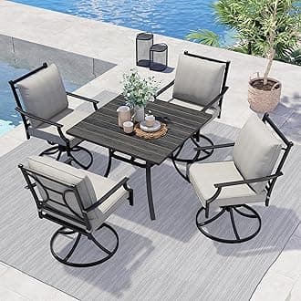 Grand patio 5-Piece Patio Dining Set for 4, E-Coated Outdoor Dining Set Swivel Patio Dining Chairs with Olefin Cushions & 1 Black Square Faux Woodgrain Dining Table with 1.5”Market Umbrella Hole