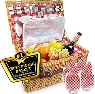 Nature Gear Picnic Basket, Wicker Basket with Handle for Outdoors, Insulated Woven Basket, Includes a Service Kit of Dinnerware & Wine Glasses, Picnic Basket Set for 4, Red & White