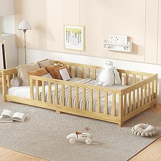 Twin Floor Bed with Slats and Safety Guardrails, Kids Montessori Floor Beds with Fence and Without Door, Easy Assemble Floor Bed for Kids, Girls, Boys, Natural
