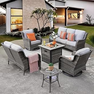 ovios 6 Pieces Patio Furniture Set with 30 inch Fire Pit Table, Outdoor Wicker Sofa Couch Loveseat, Swivel Rocking Glider Chairs, Modern Conversation Set, Grey Rattan, Grey