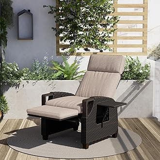 Grand patio Recliner Sun Lounger for Garden, Adjustable Backrest Armchair with Flip Table and Cushion, Rattan Garden Chair Lounge Chair for Yard, Patio, Outdoor-Off White Cushion & Brown Wicker