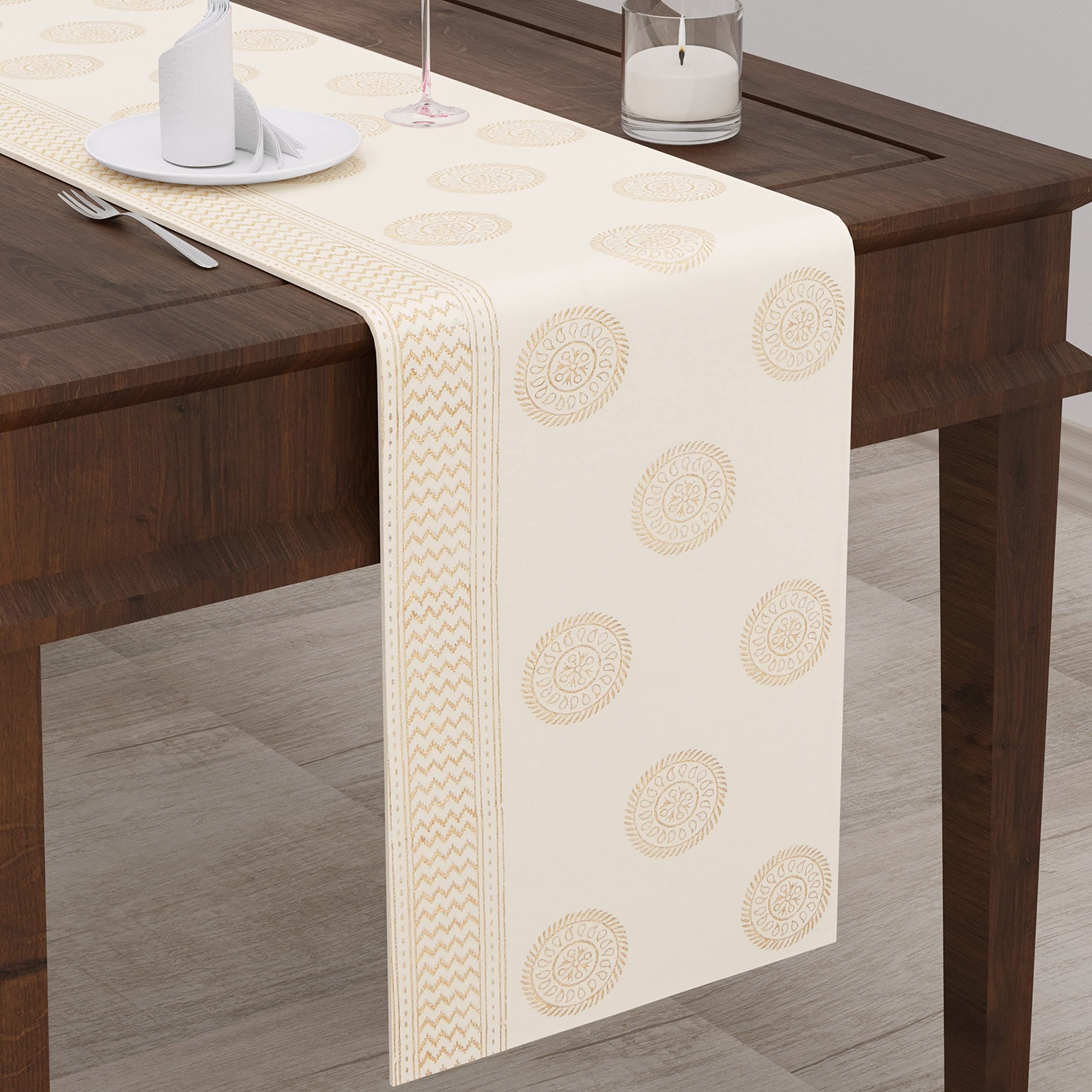 Hand Block Printed Cotton Table Runner for Center/Dining Table(13 x 72 Inches) (Gold Circle)