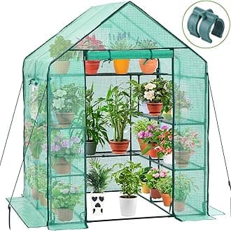 Greenhouse for Outdoors with Screen Windows, Ohuhu Upgraded 4 Tiers 11 Shelves Walk-in Greenhouses with Durable PE Cover, Outside Garden Plastic Green House with Ground Pegs & Ropes for Stability