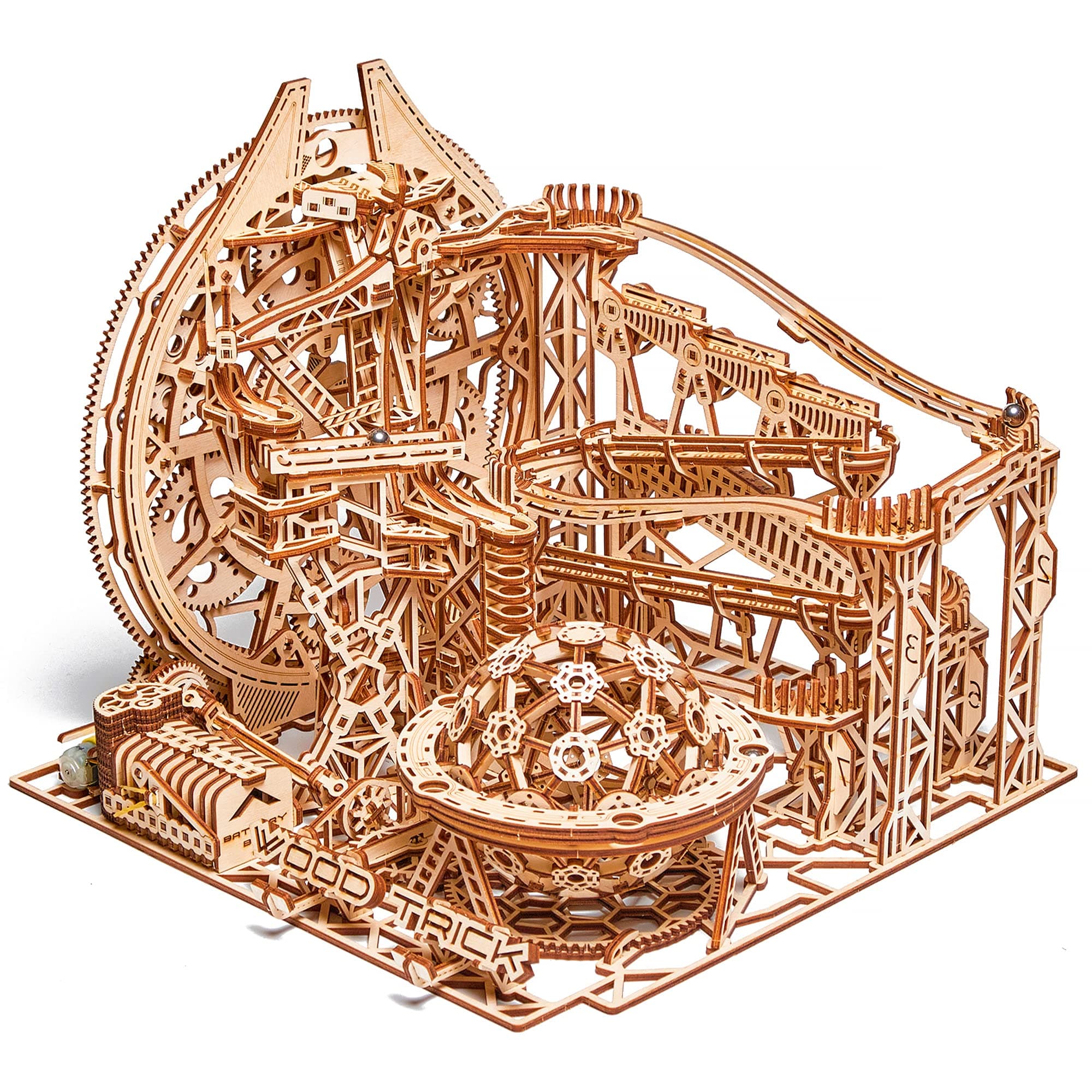 Wooden Marble Run Electric Motorized - 3D Wooden Puzzles for Adults to Build - 15x14 in - Roller Coaster Wooden Model Kits for Adults to Build