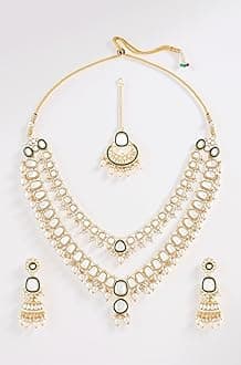 Green Meenakari Kundan Pearls Layered Bridal Necklace Earring & Maangtikka Set For Women-ZPFK17357