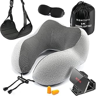 Airplane Neck Pillow Includes Travel Pillow + Airplane Phone Holder Mount + Eye Masks + Foot Hammock + Earplugs for Travel, 100% Pure Memory Foam Travel Pillow, 5 Pc Travel Kit, 2 Pack