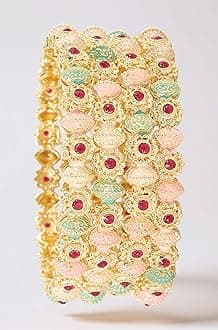 ZULKA Latest Gold Plated Metal with Red Zircon Diamond Bangles Set For Girls & Women | Premium Women Kangan | Girl's Bangles Bracelet | Metal Kada For Women- Set of 4