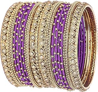 NMII Metal with Golden Zircon Gemstone & Silk Thread Studded worked Ball Chain Linked Stylish Bangle Set For Women and Girls, 2.6, Metal, Zircon