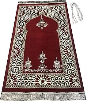 Prayer Rug Muslim Mat Islamic - Turkish Style O Prayer Rug Sajadah for Kids Men Women with Islam Prayer Beads for Eid Travel Ramadan, Soft and Luxury (Red)