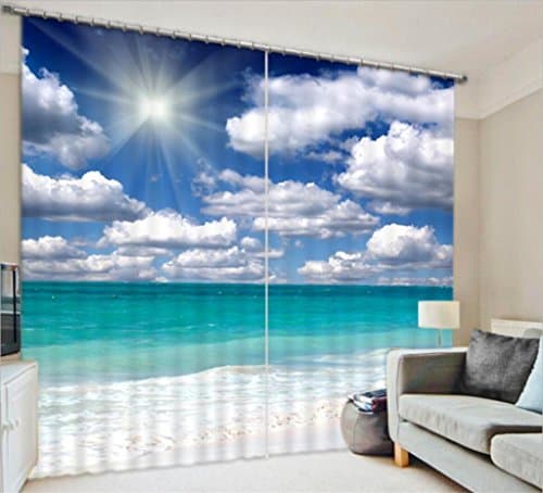 KKLL Polyester 3D Sandy beach Blue sky White clouds Visual space Blackout Noise Reducing Solid Thermal Drape Curtains for Bedroom Home Decor Insulated Window Drapes , wide 2.03x high 1.6