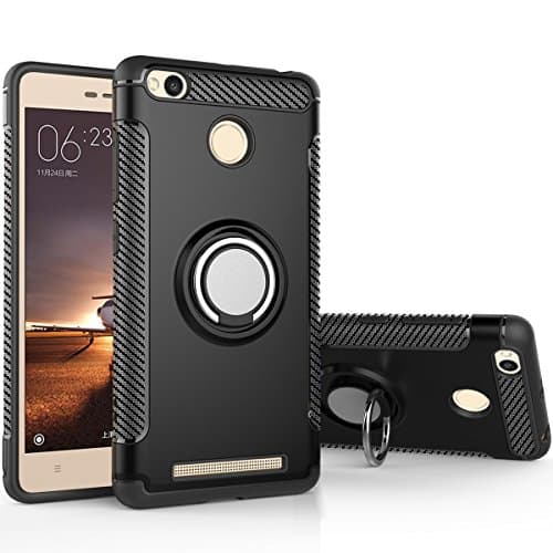 COOLKE Dual Layer Shockproof TPU Silicone + PC Hard Back shell 360 Rotating Ring Grip Holder Kickstand with Back Magnetic Circle Protective Case Cover for Xiaomi Redmi 3S - Black