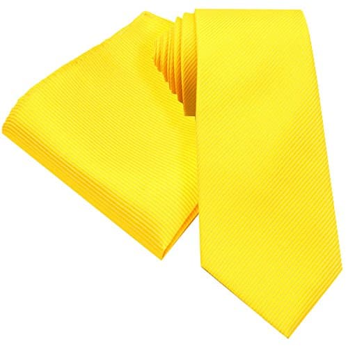 BRIGHT YELLOW STRIPE STITCH REPEAT SUNSHINE PATTERN DESIGN PATTERN WIDE TIE HANDKERCHIEF HANKY SET 146cm X 8CM STANDARD TIES WITH MATCHING HANKY HANDKERCHIEF SILK BLEND POCKET SQUARE BIRTHDAY WEDDING