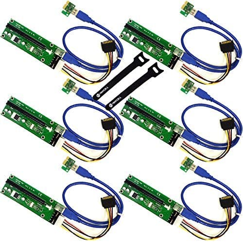 6-Pack PCI-E 16x to 1x Powered Riser Adapter Card w/ 50cm USB 3.0 Extension Cable & MOLEX to SATA Power Cable - GPU Riser Extender Cable - Ethereum Mining ETH