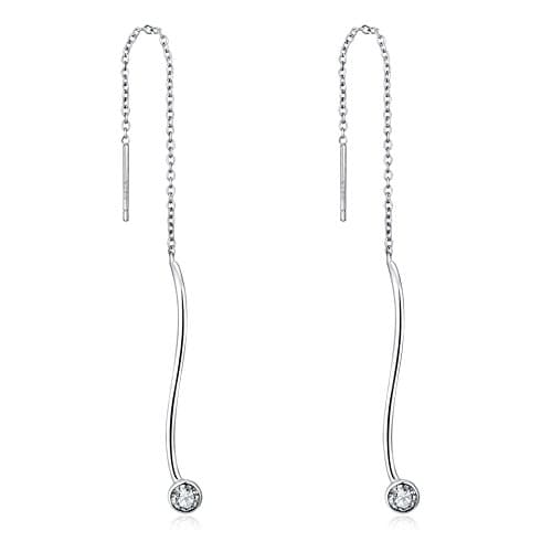 Sterling Silver Round Drop Threader Dangle Earrings (Style 2)