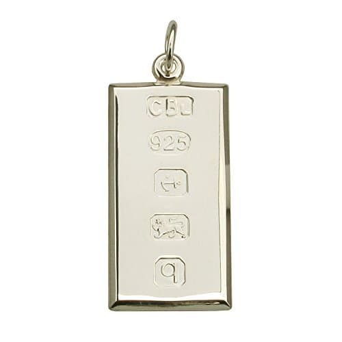 Solid 925 Sterling Silver Large Ingot Pendant With Custom Hallmark 30mm x 16mm and Optional 1.8mm Wide Diamond Cut Curb Chain In Gift Box (available in 16" to 40")