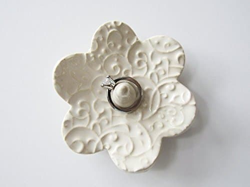 Soft White ceramic ring dish. Flower shape with raised embossed pattern. Ceramic Pottery handmade.