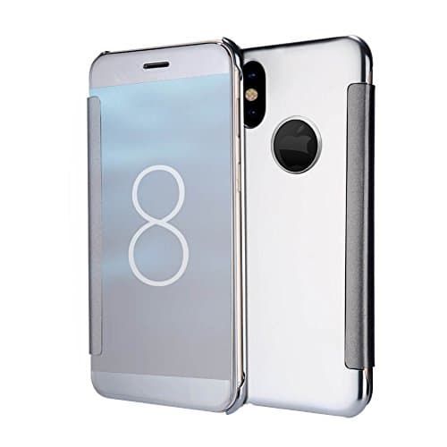 iPhone X Case, Mirror Clear View Window Flip PC Hard Case Cover for iPhone X (2017) 5.8inch TOXZOA(silver)