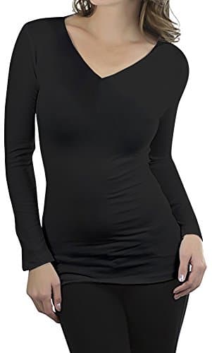 COTTON PICKING GIRLS Women's Basic Solid Color Tee Breathable Soft Long Sleeve Cotton T-shirt (XS, Black/V-NECK)