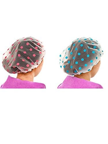 Eaonup Shower Cap - Dot Pattern, elastic band, extra large, large, won’t fall off your head 2Pieces Elastic Waterproof Bath Cap Plastic Bathing Hair Cap Lady Salon Hat