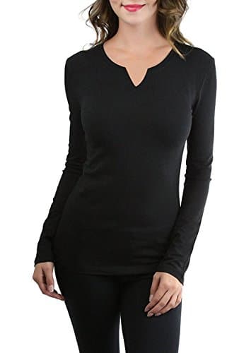 COTTON PICKING GIRLS Women's Basic Solid Color Tee Breathable Soft Long Sleeve Cotton T-shirt (M, Black/Small-V)