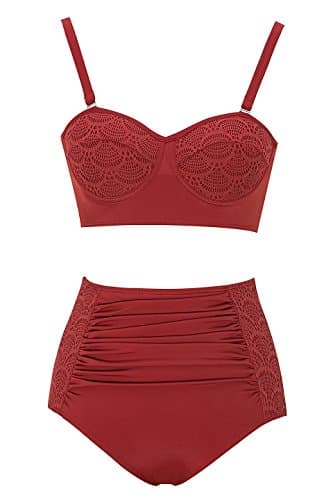 Saejous Two Piece Flounce Solid Push up Padded Wire Hollow Out Swimwear Peplum Lace Bikini Set (US 6, Red)