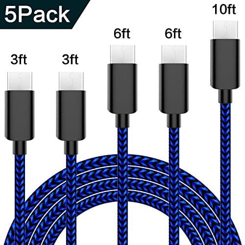 Actionpie USB Type C Cable 5-Pack (3/3/6/6/10FT) Nylon Braided USB A to USB C Charger Cable Fast Charging Cord for Samsung Galaxy Note 8 S8 Plus, LG G5 G6 V30, HTC 10, Nexus 5X/6P--black & mazarine