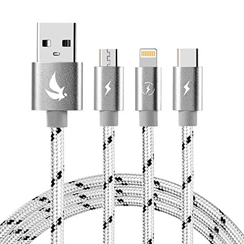 Multi Charging Cable, EliteSoft (5f) USB to Lightning+Type C+Micro Adapter Connector 3 in 1 Multiple Charger Cable cord for iPhone 6 7 plus/iPad/Galaxy S8 plus/Lg V20/Huawei Mate 9 (Gray)