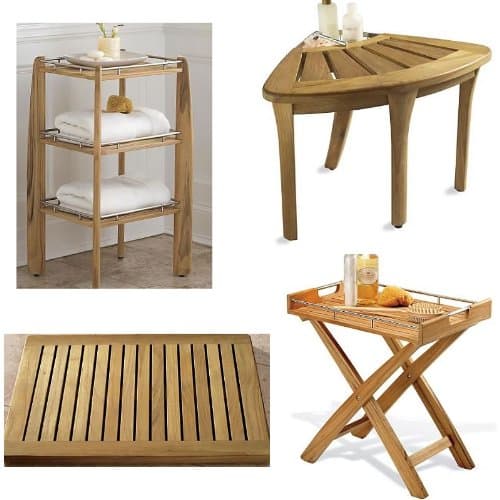New Grade A Teak 4 Pc Accessory Set: Corner Stool, Butler Tray, Shower Shelf and Floor Mat #WHAX4PC1