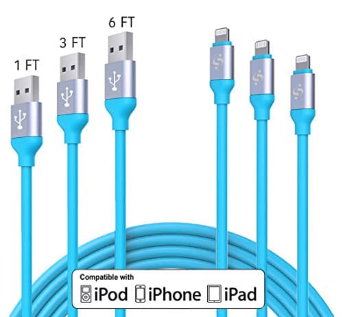 SyncTech Premium Tangle-Free 1FT 3FT 6FT Lightning Cable Durable High-Speed Syncing/Charging for iPhone 7/6s/6/5/5s/SE/Plus iPad Mini/Air/Pro (1.) Blue - 1FT - 3FT - 6FT)