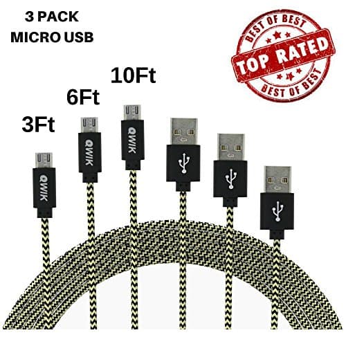 3Pack 3FT 6FT 10FT Long Micro USB Cable, High Speed Nylon Braided Micro USB Fast Charging Cord & Data Transfer Android Charger for Samsung Galaxy S7/S6/S5/Edge,Note 5,HTC,LG(Black Gold)