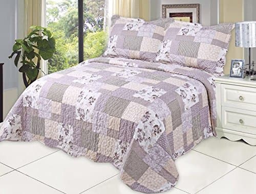 Microfiber Quilt set,prewashed, preshrunk. Hypoallergenic, Print pattern Stitched with Threads, Full/Queen bed-cover with 2shams , AS coverlet bedcover