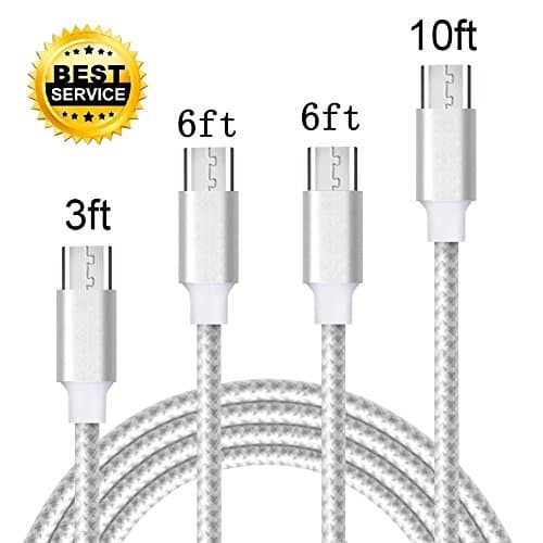 LEMONLU Android Charger Cable,4 Pack 3FT 6FT 6FT 10FT Extra Long Nylon Braided High Speed 2.0 USB to Micro USB Fast Charger Cable for Samsung Galaxy S7/S6 Edge,Note 5/4,HTC,LG,Nexus ( Silver White)