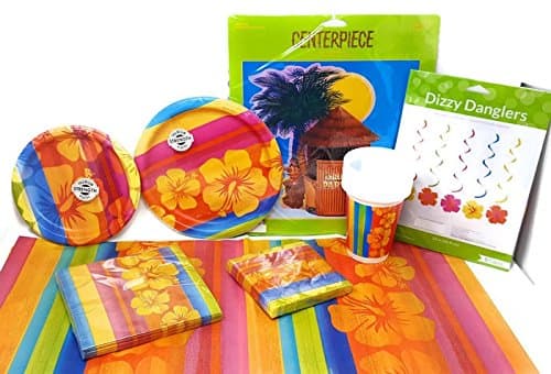 Sunset Stripes Luau Dinnerware/Decorations Combo Pack 8-Piece Bundle, Serves 16 (Plates/Napkins/Cups/Tablecloth/Centerpiece/Dizzy Danglers)