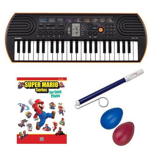 Casio SA-76 44 Key Mini Keyboard Bundle Includes Bonus Super Mario Piano Book Series for Easy Piano w/Red Slide Whistle & Rhythm Shaker Percussion