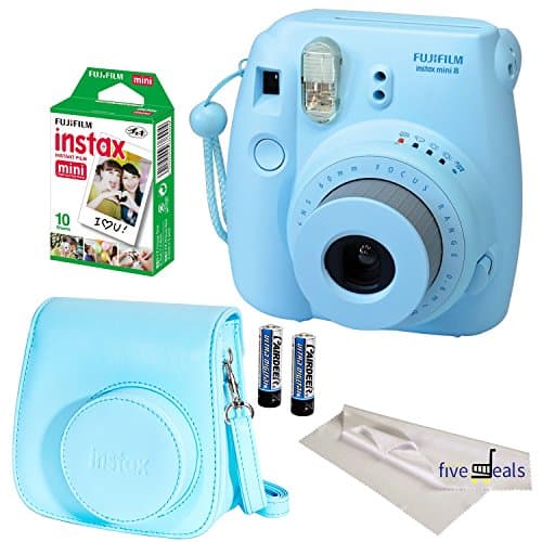 FujiFilm Blue Instax Mini 8 Camera, 4 Piece Camera Bundle, Blue Groovy Camera Case, 10 Sheets of Film, Microfiber Cloth Lenses Cleaner