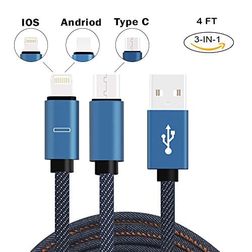 Multi USB Charging Cable,4 Ft 3 in 1 (Type C/Lighting/Micro) Multiple USB Fast Charging & Data Transfer or Sync Cord 1 for Type C Devices,2 in 1 Share Same Port for Apple and Andriod(Denim Blue)