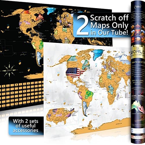 Scratch off World Travel Map Poster Set with Essentials Tools - 2 Maps in 1 Tube - 1 Glossy White & 1 Black Matte - Outlined US States - Size 33х23in - Laminated Art Paper - Neat & Appealing