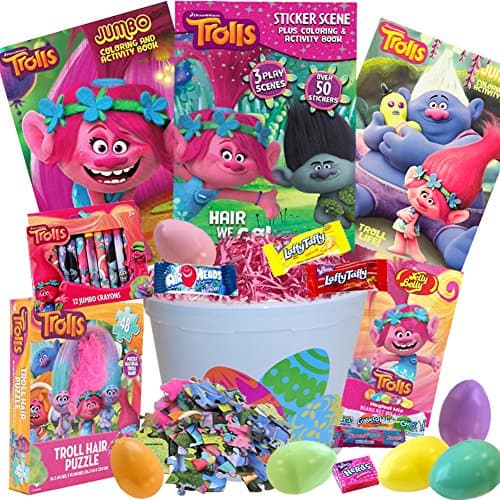 Trolls Easter Basket 20 Pc Kit, Easter Eggs, Easter Candy, Three Trolls Coloring Books, Trolls Puzzle, Trolls Jelly Belly Jelly Beans, Crayons, Pink Easter Grass, and more Dreamworks Trolls Easter!