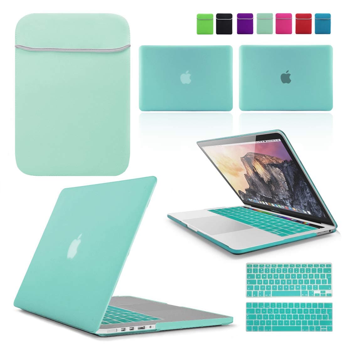 BUNDLE - Egg Blue/Ocean Green Hard Shell Case with matching Keyboard Skin and Neoprene Sleeve Cover for 13" & 15-inch Apple MacBook PRO