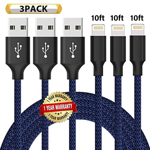 Ulimag Lightning Cable 3Pack 10FT Nylon Braided Certified iPhone Cable USB Cord Charging Charger for iPhone X, 8, 8 Plus, 7, 7 Plus, 6s, 6s Plus, 6, 6 Plus, SE, iPad (Black Blue)