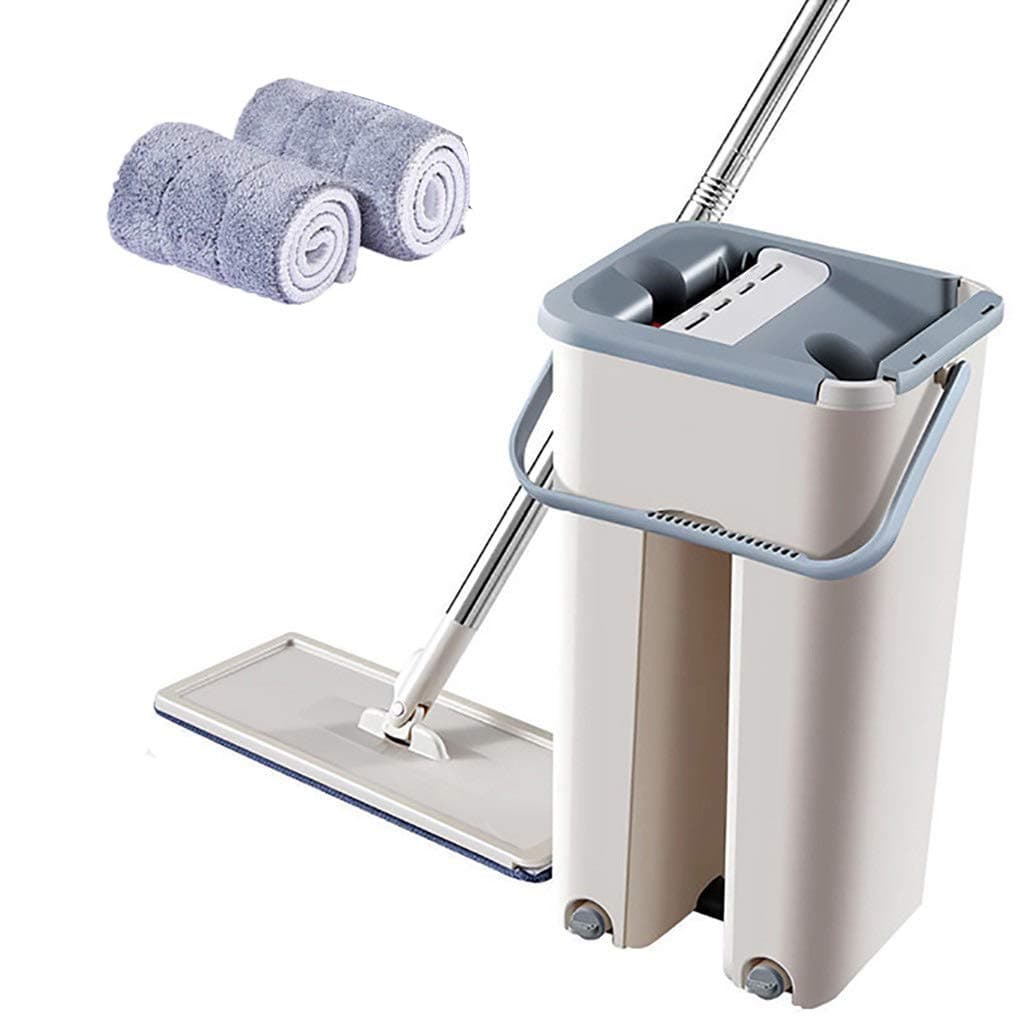 Flat Floor Mop and Bucket Set,Microfiber Mop Set, Flat Squeeze Mop and Bucket Telescopic Rod, for Home Floor Cleaning System,with Stainless-Steel Handle/Washable Microfiber Pads (A)