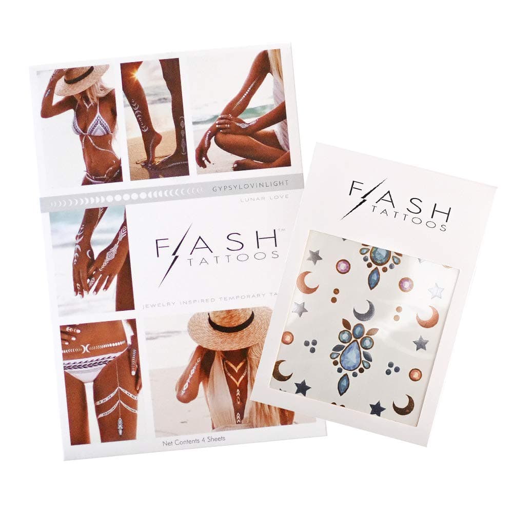 FESTIVAL MAGIC BUNDLE includes Flash Tattoos Aurora 3-sheet mini pack and bestselling Lunar Love pack, festival tattoos, gemstone tattoo, face glitter, celestial tattoo, jewelry tattoo, gemstone