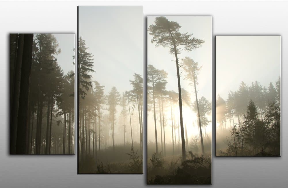 Extra Large Misty Landscape 4 pieces multi panel split canvas completely ready to hang hanging cord attached, hanging template included hand made printed to order UK company 5 feet wide- wall space 63” width 44” height (160 x 112 cm)