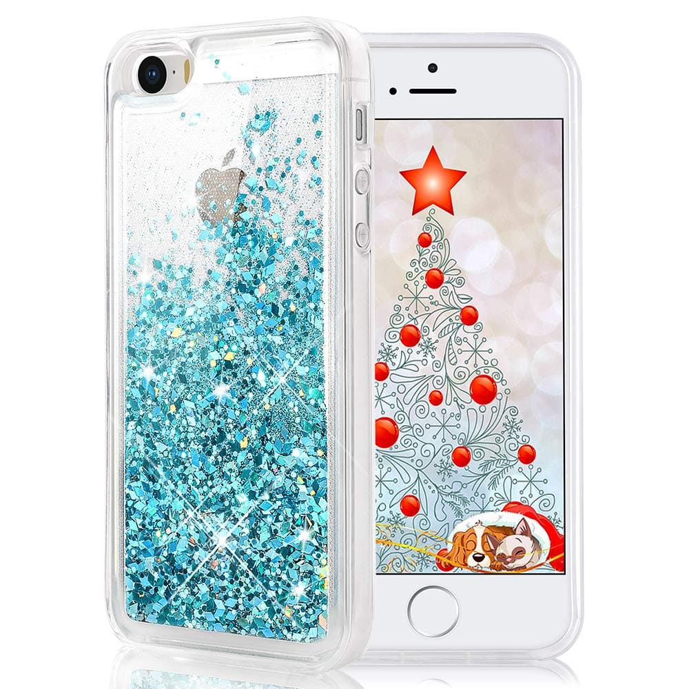 Maxdara iPhone SE Case, iPhone 5 5S Case, Glitter Liquid Bling Sparkle Girls Protective Case Pretty Fashion Creative Design for Children Gifts(Teal)