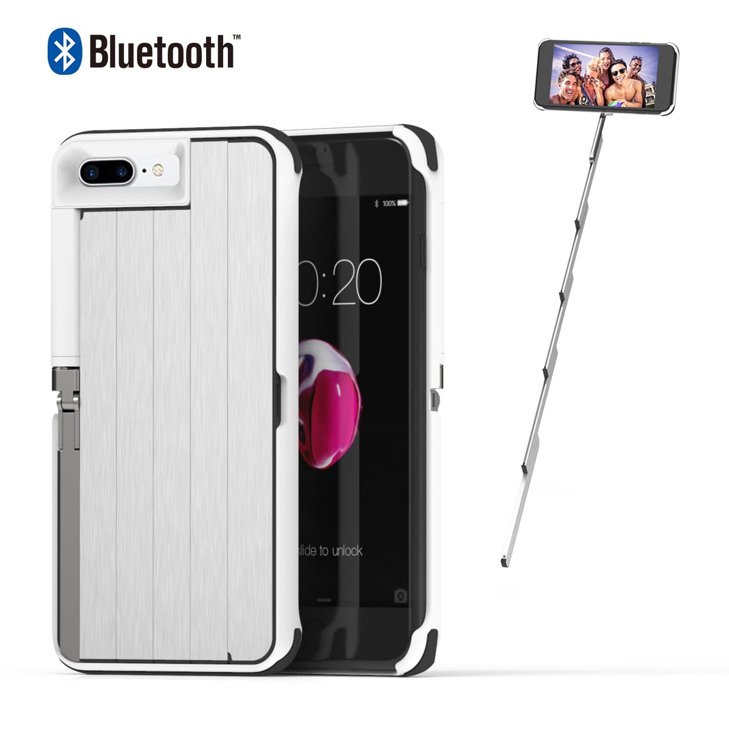 ETROBOT iPhone 8 Plus Case White iPhone 7 Plus Case with Selfie Stick Bluetooth Shockproof Outdoor Aluminium Phone Stand Rechargeable Extendable Wireless Selfie Stick Case for iPhone 7 Plus/8 Plus