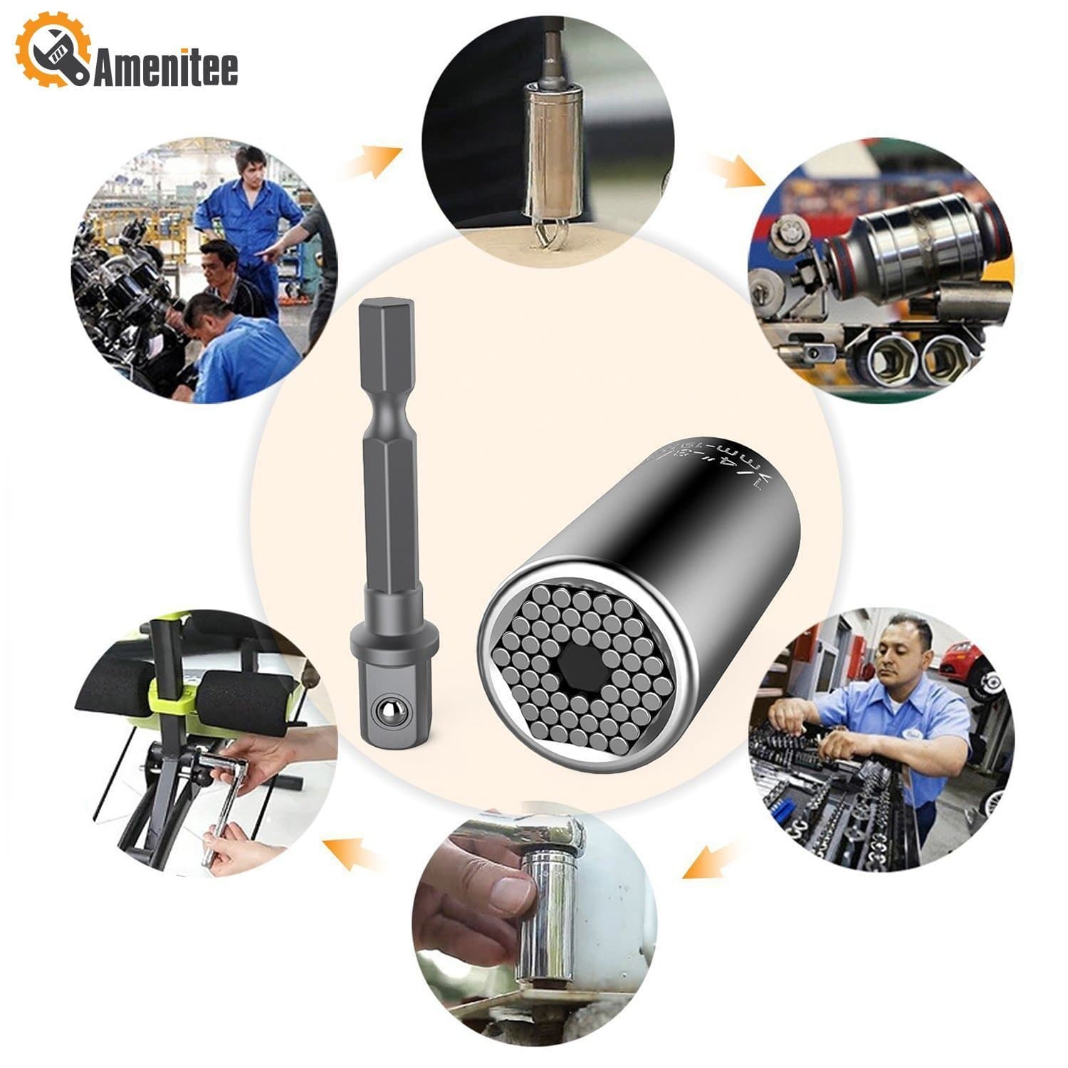 Amenitee Universal Grip Socket, 2 in 1 Hand Tools Multi-Function Universal Sockets, 7mm-19mm Professional Wrench Power Drill Adapter Unique Repair Tools, Silver