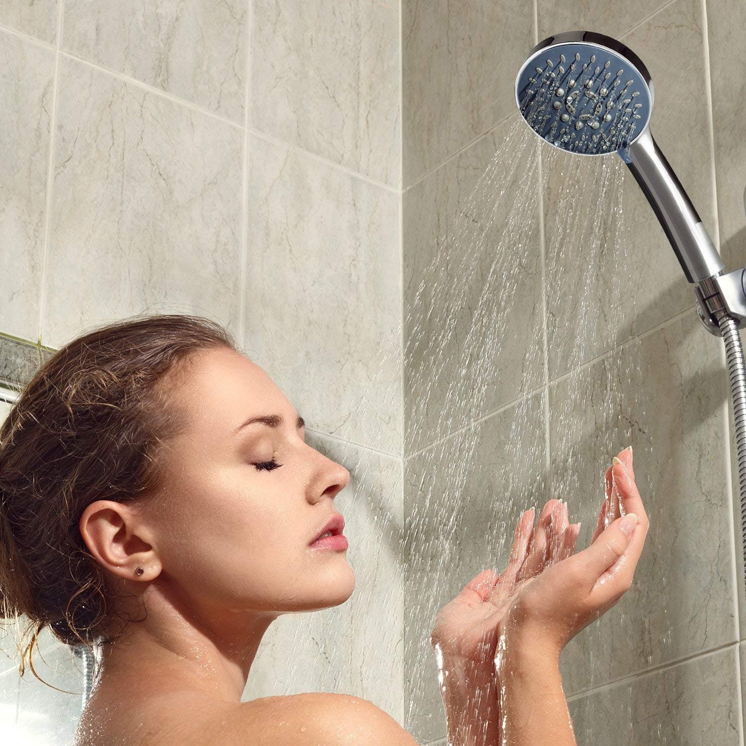 Kealive Shower Head, Universal Fitting with 5 Adjustable Setting Modes Rain Shower, Chrome Finish Hand Held, Luxury Shower Head with Massage Experience, High Pressure, Easy Installation