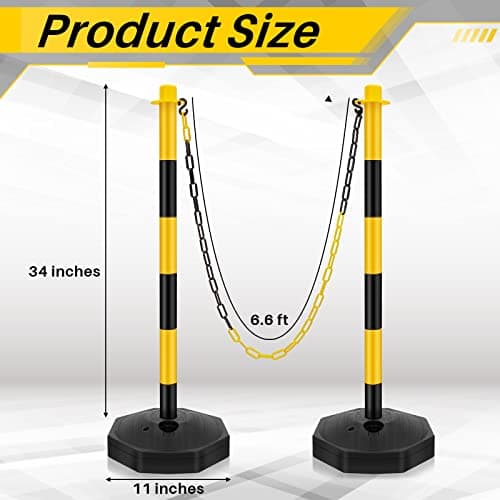 Traffic Delineator Post Cone, Plastic Stanchion Post Set Crowd Control Stands Barrier with 6.6 ft Link Chain and S Hooks for Parking Lot Construction Caution Roads, Yellow, Black (12 Sets)