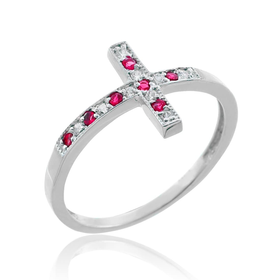 10k White Gold Sideways Cross Ruby and Diamond Ring