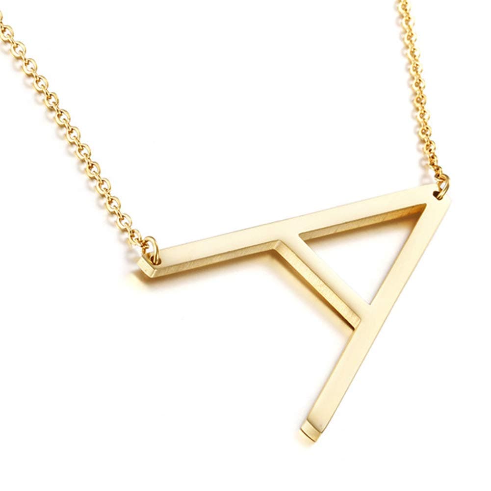 Sideways Initial Necklace 18K Gold Plated Stainless Steel Large Big Letters Pendant Necklace Script Name Monogram Necklaces for Women